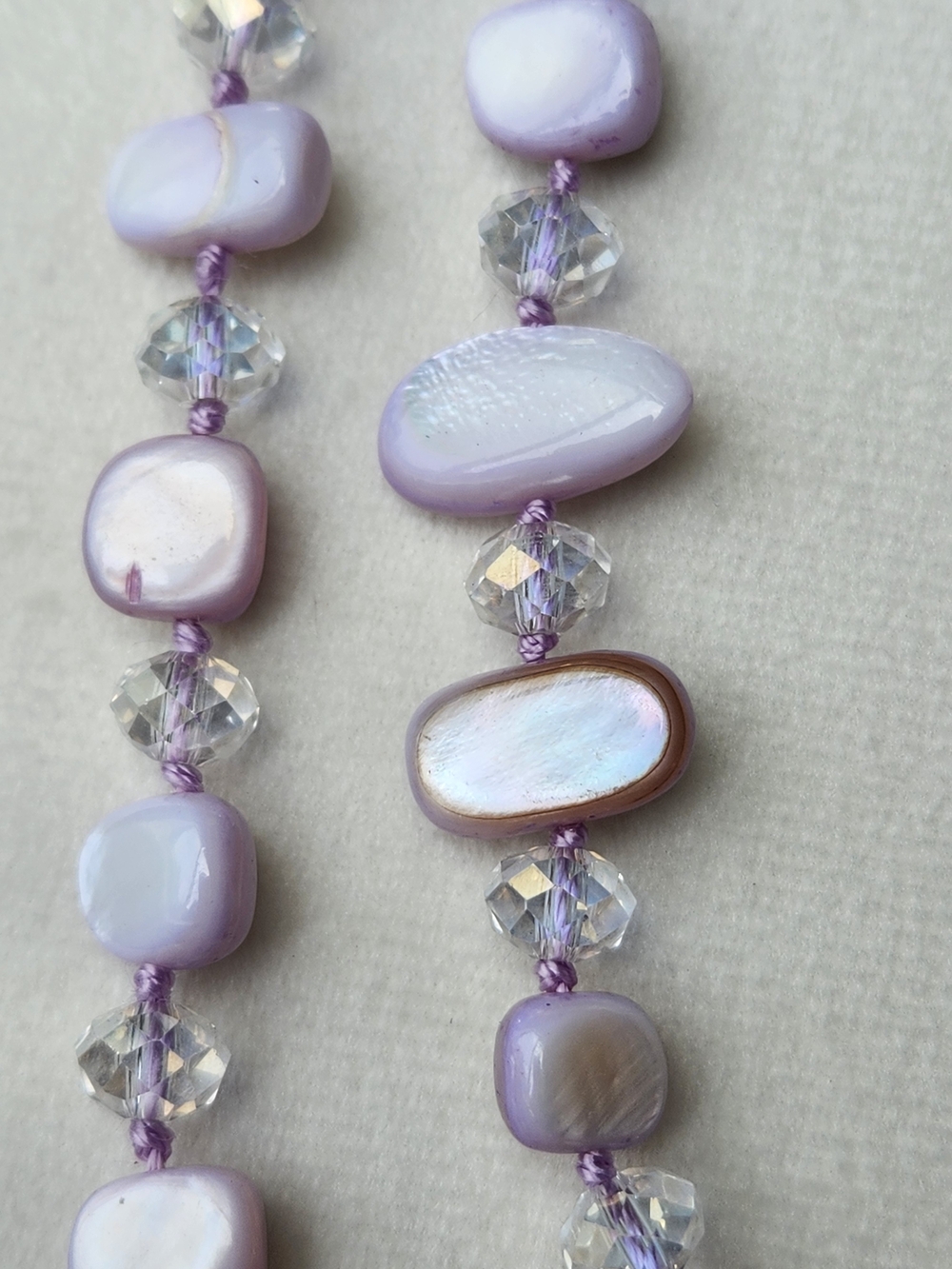 Artisan Lavender and Iridescent AB Beaded Extra Long Layered Necklace Hand Knot - Picture 2 of 5